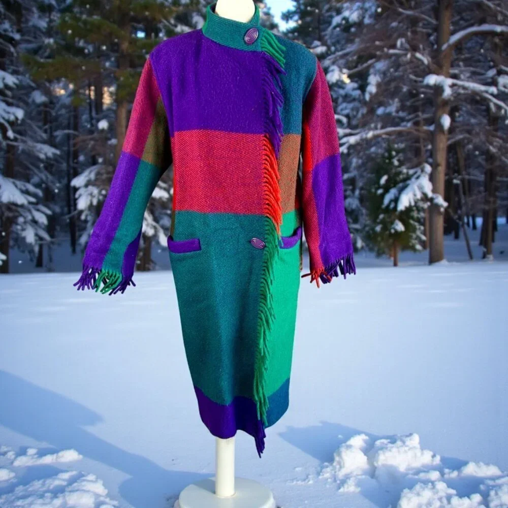 Vintage 80s Gallery Colorblock Melton Wool Blanket Coat With Fringe Size XS